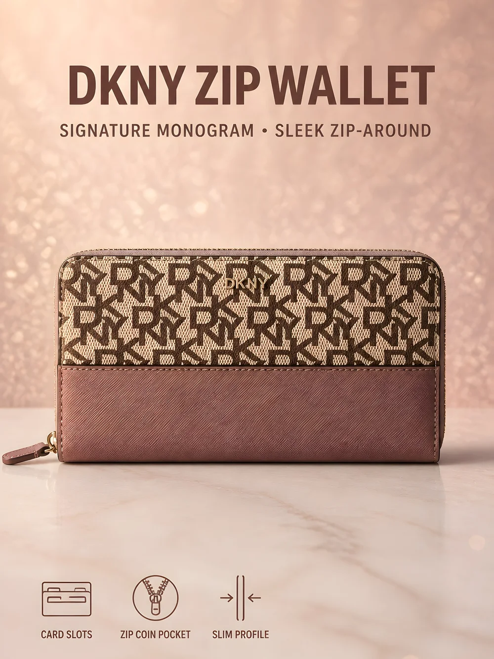 Dkny Beige & Brown Logo Zip-Around Wallet